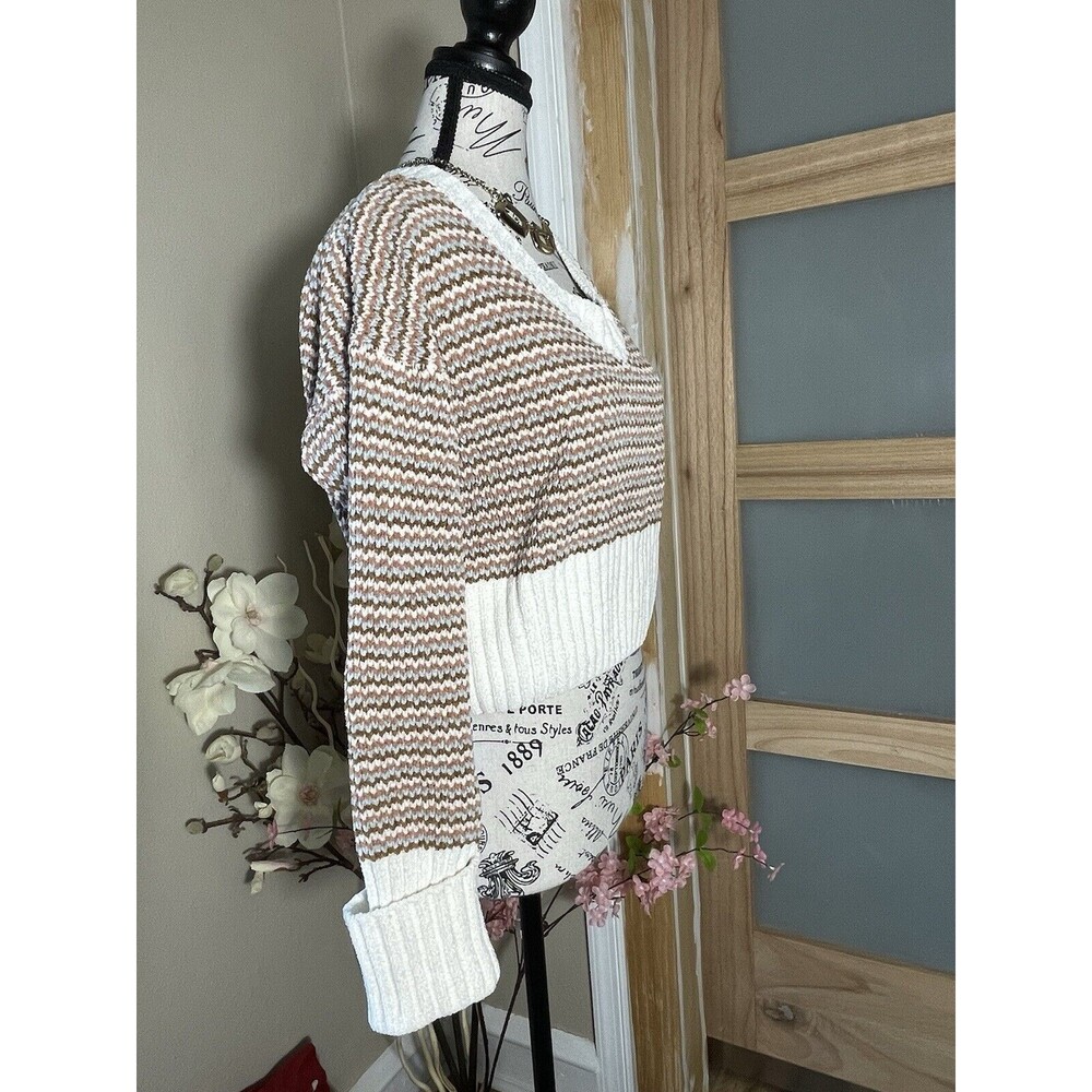 Pink Rose Chevron Knit Cropped Sweater Womens Small V-neck Pullover Cottagecore - Picture 5 of 7